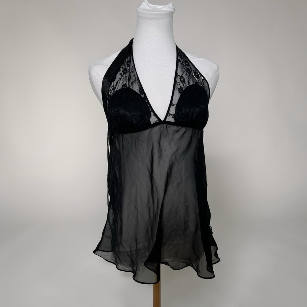 Black Sheer Lace Halter Babydoll Top Y2K Whimsigoth Fairycore M